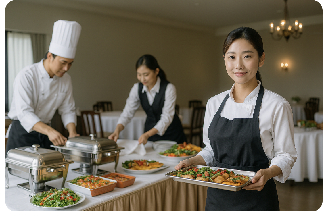 スタッフが出来立て料理を配膳しゲストをもてなすプロのサービス