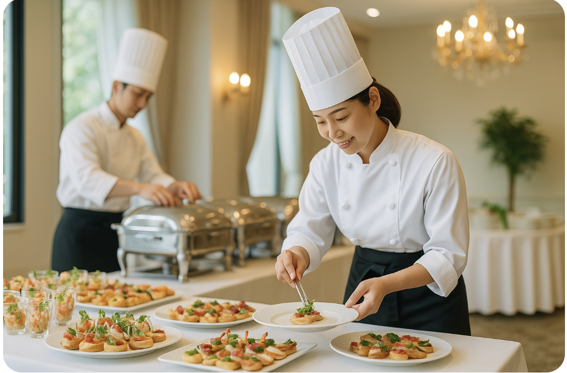 会場でシェフがオードブルを素早く盛り付けるケータリング準備の様子