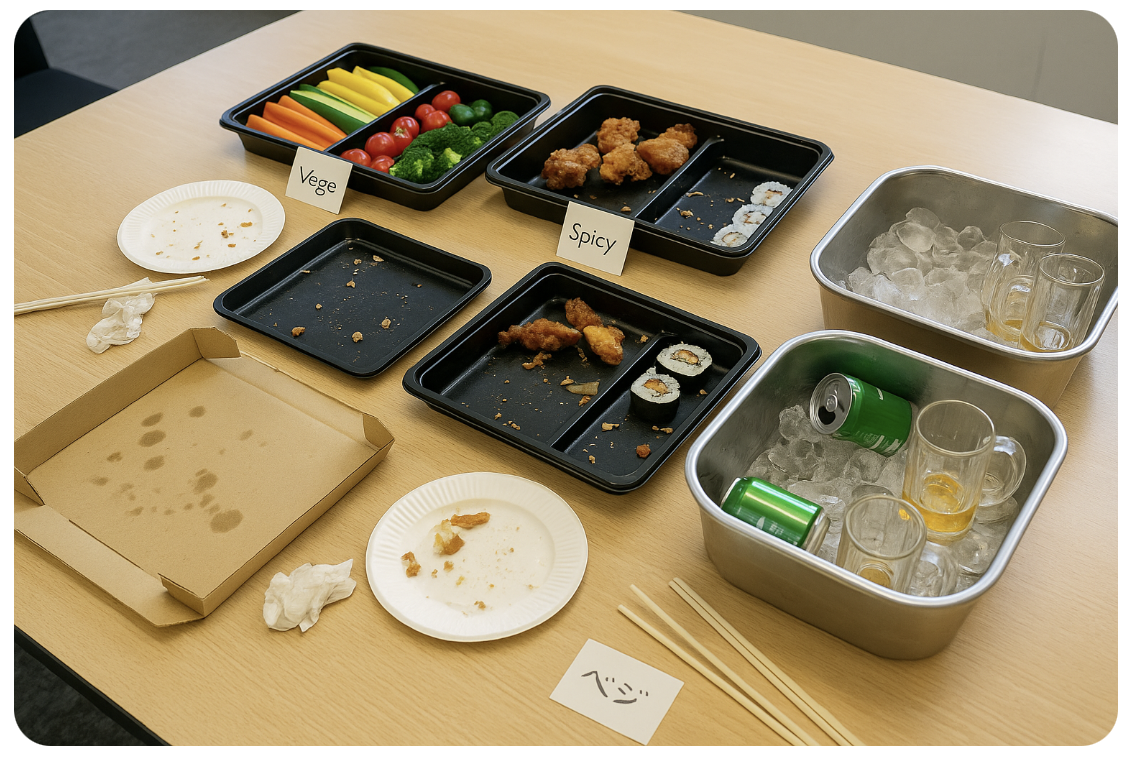 大皿料理が並ぶが量配分に悩む場面のイメージ